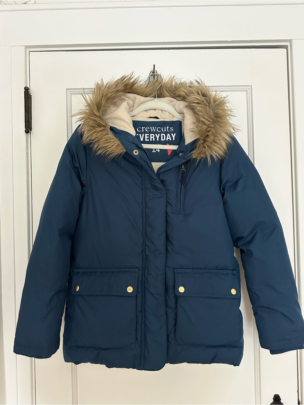 crewcuts girl size 14 Navy Puffer Jacket with Faux-Fur Hood - Kids
